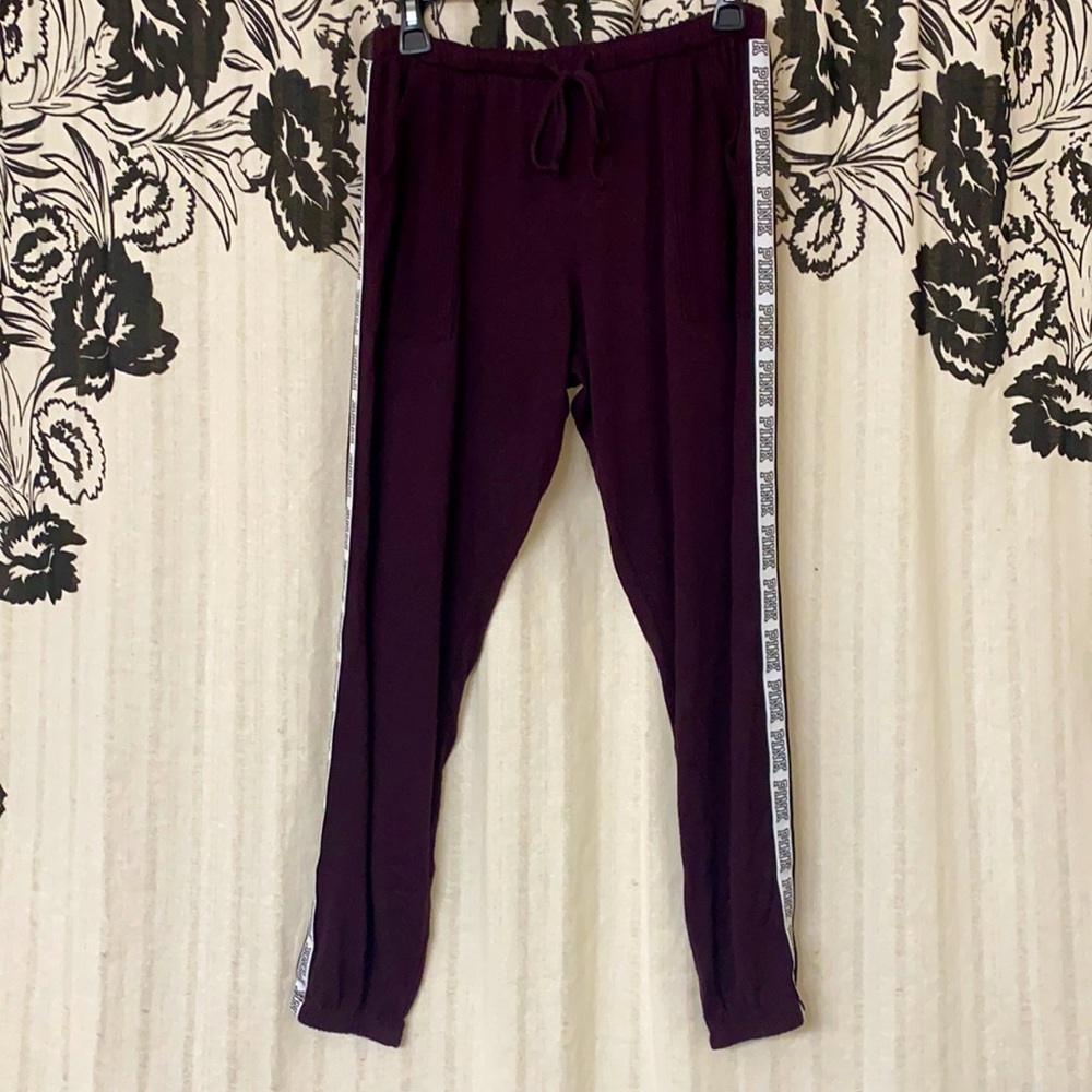 PINK purple maroon sweatpants with drawstring, pockets, and pink logo on pant